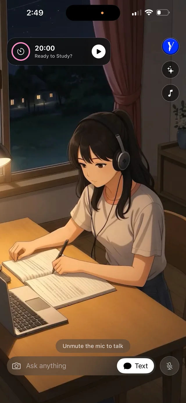 Strawbie's study mode: a 20-minute timer reading 'Ready to Study?' above her desk scene