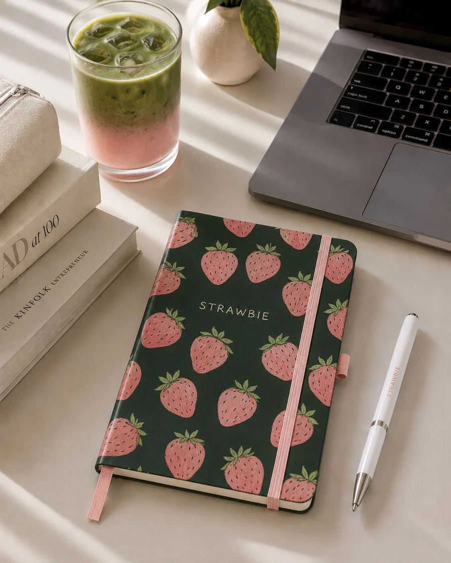 Strawbie Notebook in Limited Edition, on a sunlit desk with a strawberry matcha and a Strawbie pen