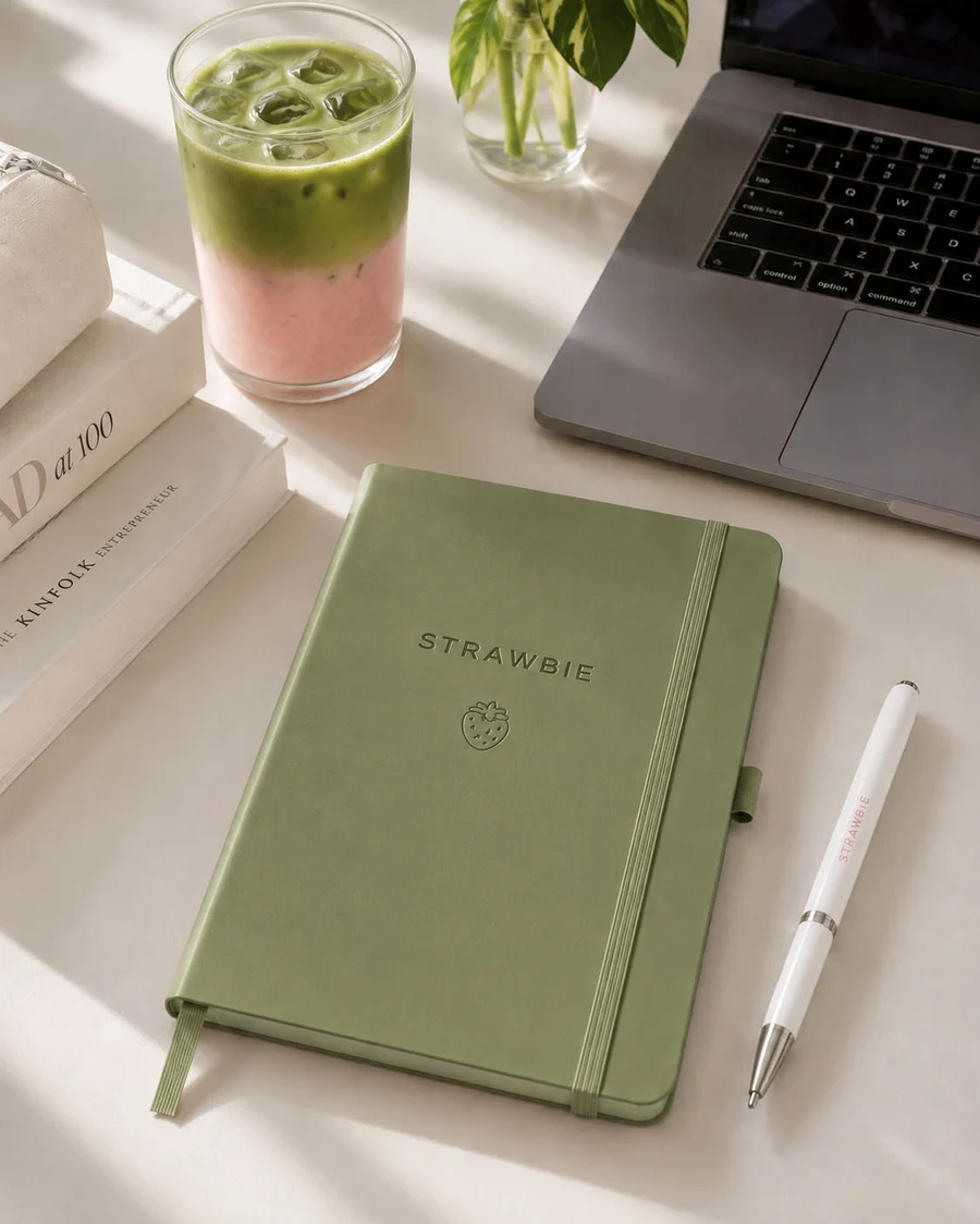 Strawbie Notebook in Matcha, on a sunlit desk with a strawberry matcha and a Strawbie pen