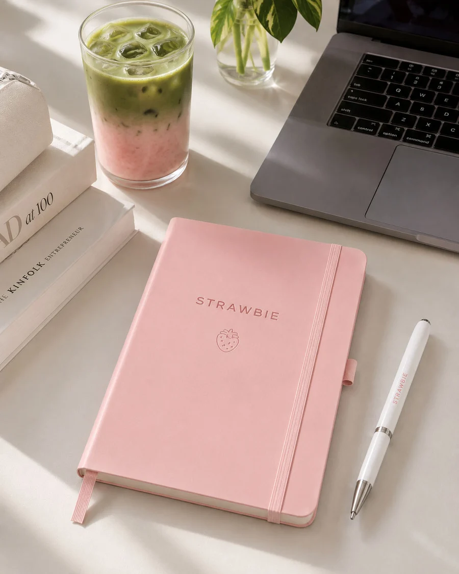 Strawbie Notebook in Strawberry, on a sunlit desk with a strawberry matcha and a Strawbie pen