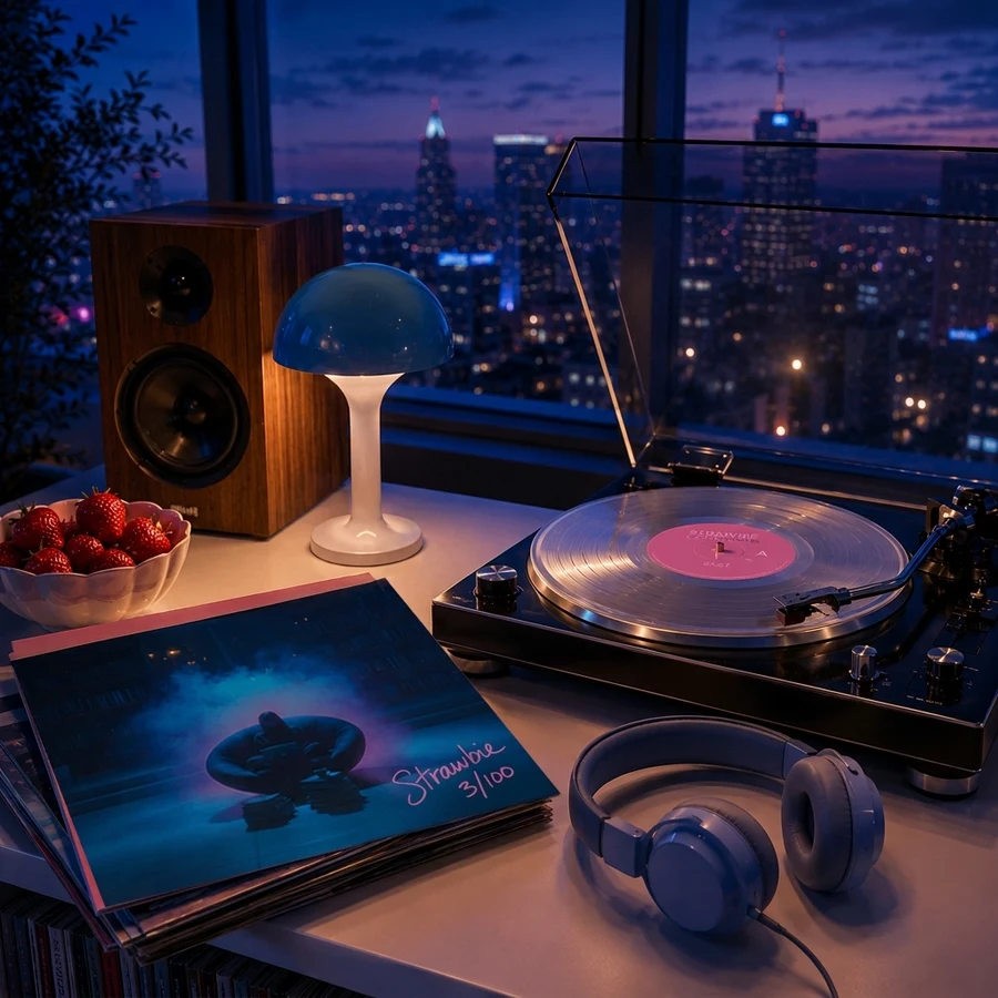 Soft Focus vinyl signed by Strawbie, numbered 3 of 100, on a table beside a turntable at night